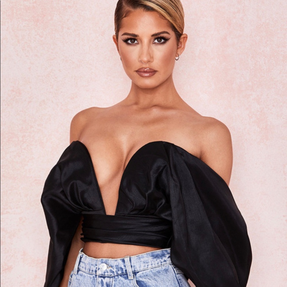 HOUSE OF CB ELISETTA TOP - BLACK SATIN PLUNGE OFF SHOULDER BUSTIER- Size Small